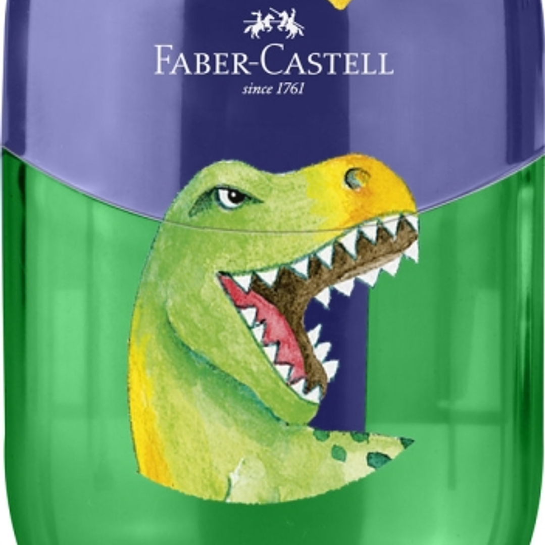 Faber-Castell Dinosaurio Sacapuntas de 2 Orificios con Deposito - Diseño Atractivo de Dinosaurio - Color Verde/Azul 1
