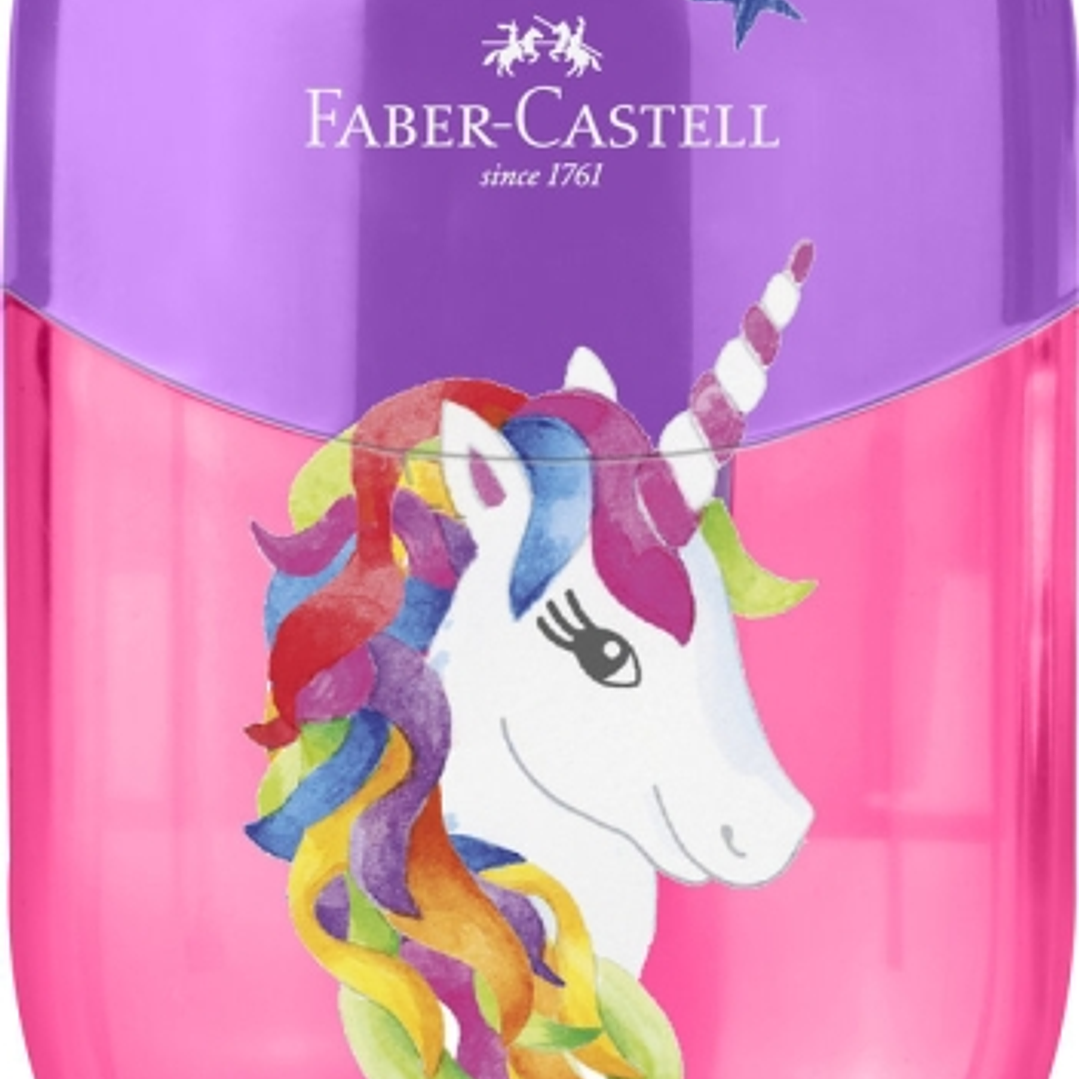Faber-Castell Unicornio Sacapuntas de 2 Orificios con Deposito - Diseño Atractivo de Unicornio - Color Rosa/Violeta 1