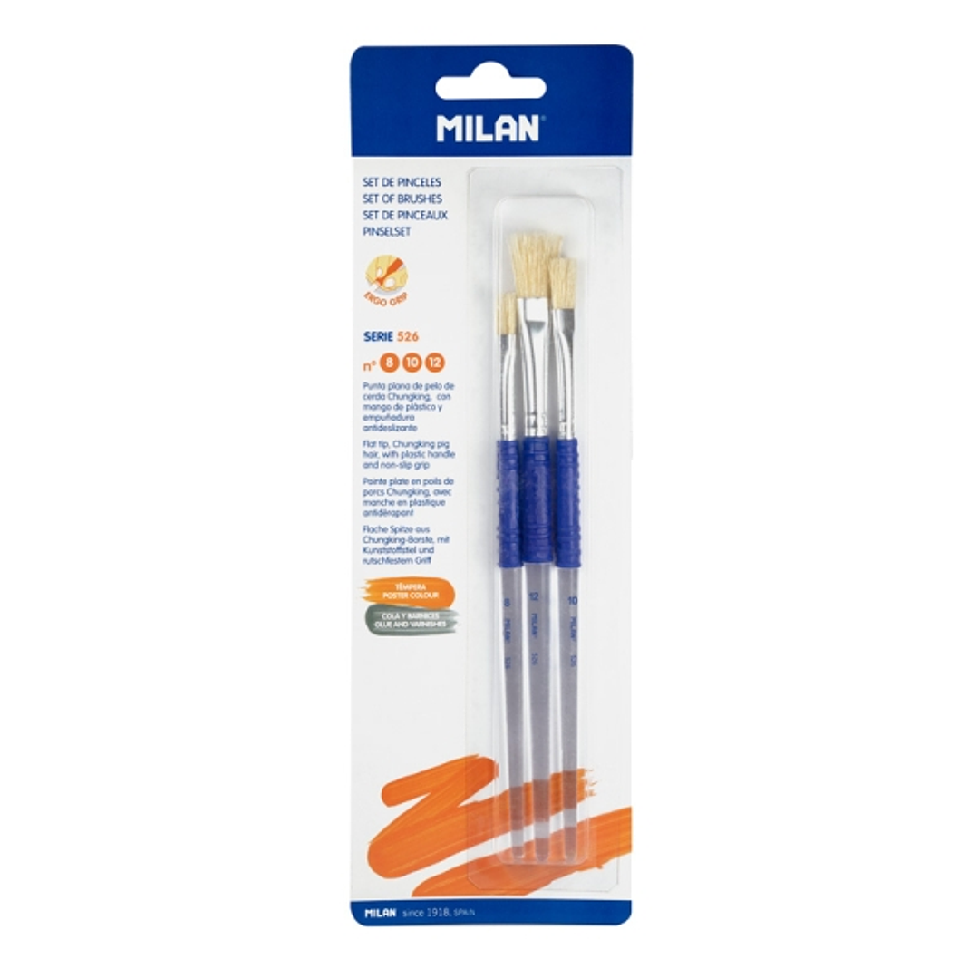 Milan 526 Pack de 3 Pinceles Planos - Formatos Surtidos - Cerda Natural - Mango Ergonomico de Plastico - Color Blanco 1