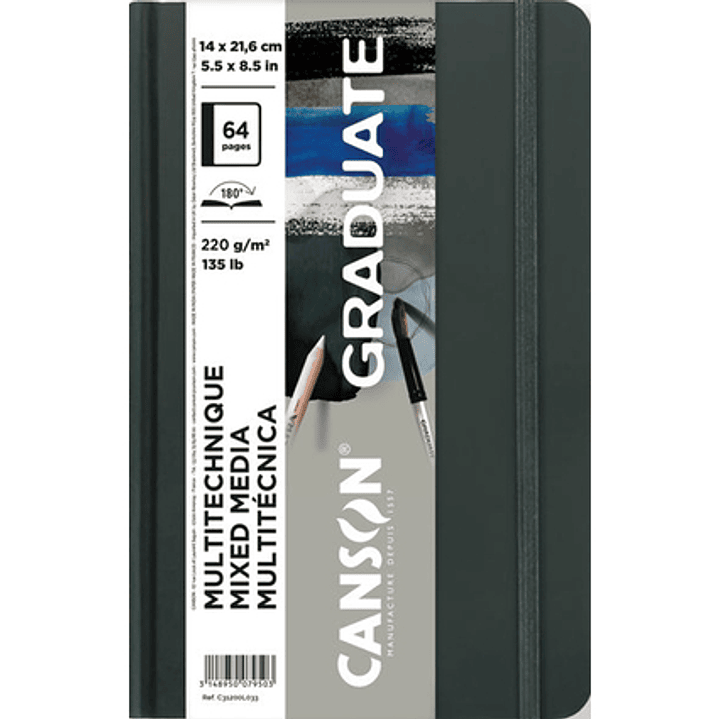 Canson Graduate Mix Media Cuaderno con 32 Hojas - 14x21.6cm - 220g - Grano Fino - Color Gris 1