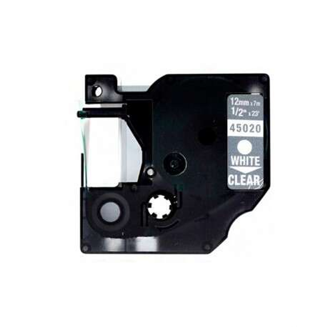 Dymo D1 45020 Cinta de Etiquetas Generica para Rotuladora - Texto blanco sobre fondo transparente - Ancho 12mm x 7 metros - Reemplaza S0720600 1