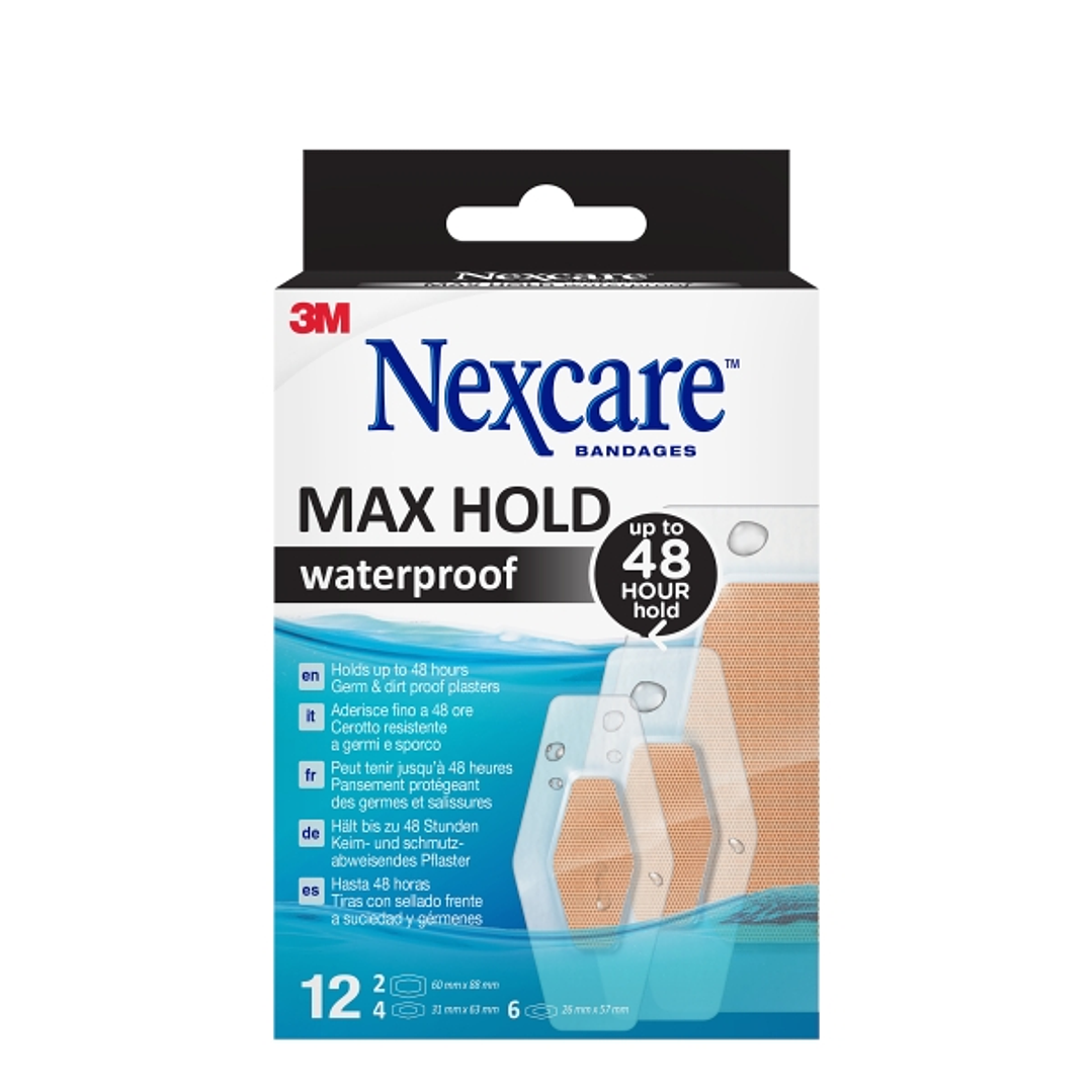 Nexcare Max Hold Waterproof Pack de 12 Apositos Surtidos - Impermeable - Fijacion 48H - Transpirable - Color Transparente 1
