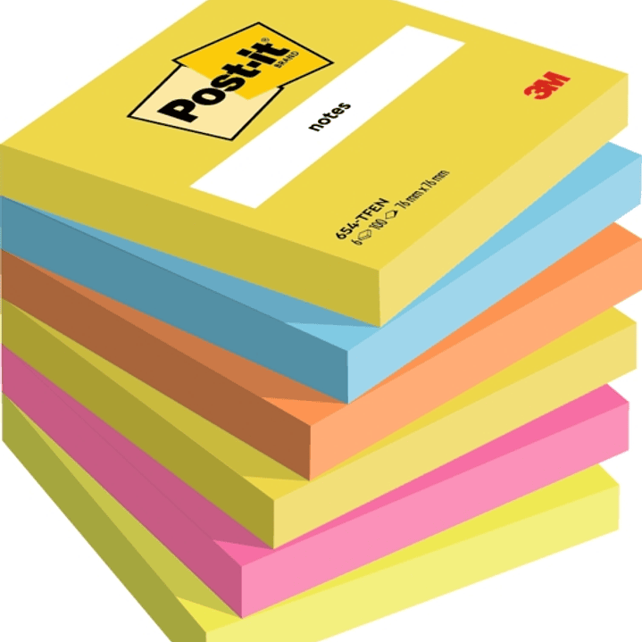 Post-It Pack de 6 Blocs de 100 Notas Adhesivas Reposicionables - Forma Cuadrada - 76x76mm - Colores Surtidos 1
