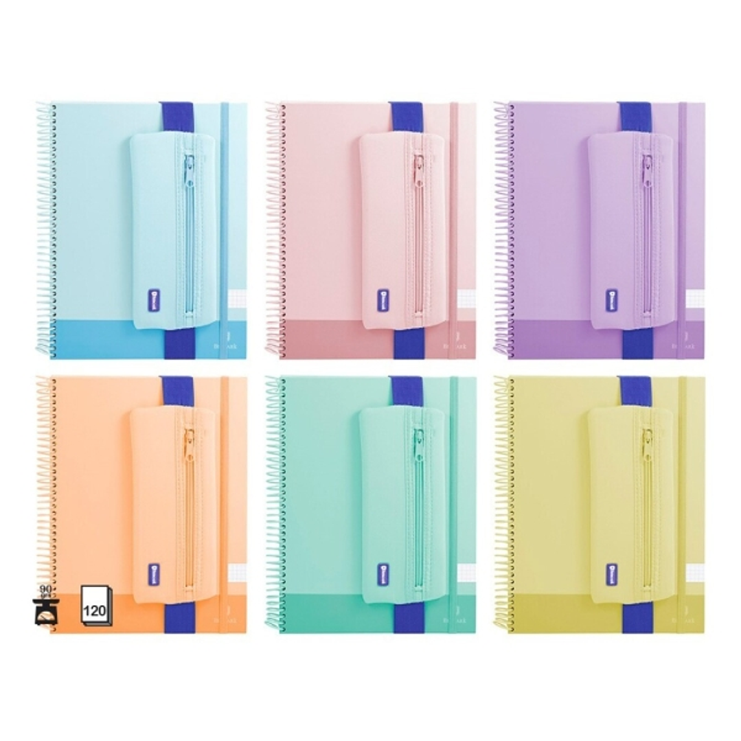 Bismark Pack de Cuaderno Espiral A4 120 Hojas 90grs Cuadricula 5x5 + Portatodo de Neopreno - Hojas Microperforadas - Colores Pastel Surtidos 1