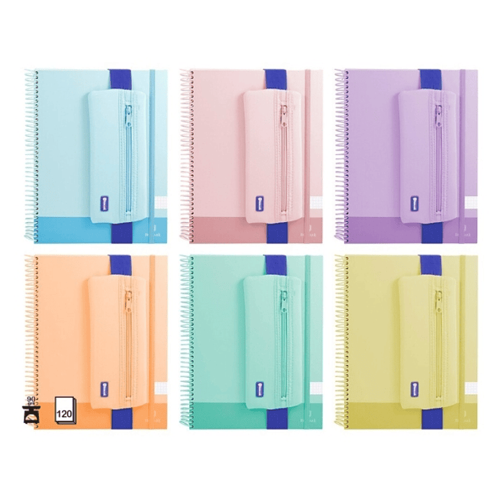 Bismark Pack de Cuaderno Espiral A4 120 Hojas 90grs Cuadricula 5x5 + Portatodo de Neopreno - Hojas Microperforadas - Colores Pastel Surtidos 1
