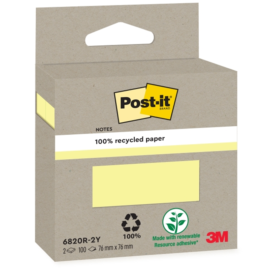 Post-It Pack de 2 Blocs de 100 Notas Adhesivas Recicladas - Forma Cuadrada - Color Amarillo Claro 1