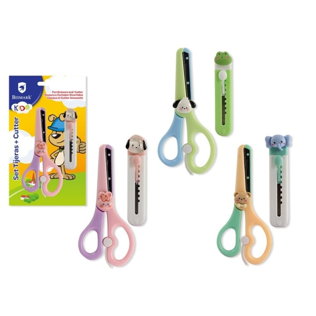 Bismark Kids Pack de Tijera Escolar + Cuter - Mangos en Plastico - Punta Roma - 3 Diseños Surtidos 1