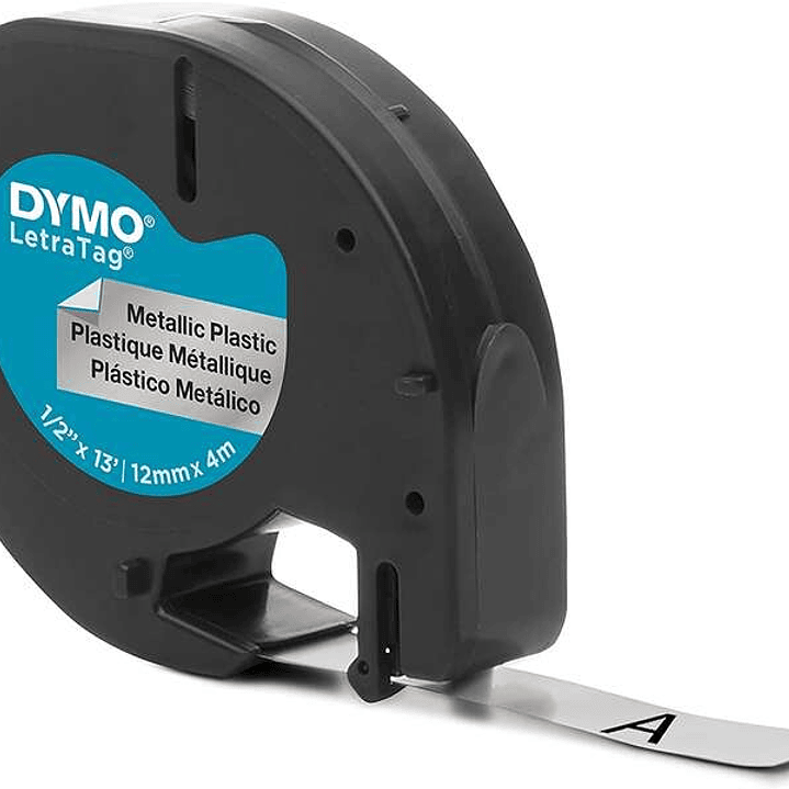 Dymo LetraTag S0721730 Cinta de Etiquetas Original para Rotuladora - Texto negro sobre fondo metalico - Ancho 12mm x 4 metros (91208) 1