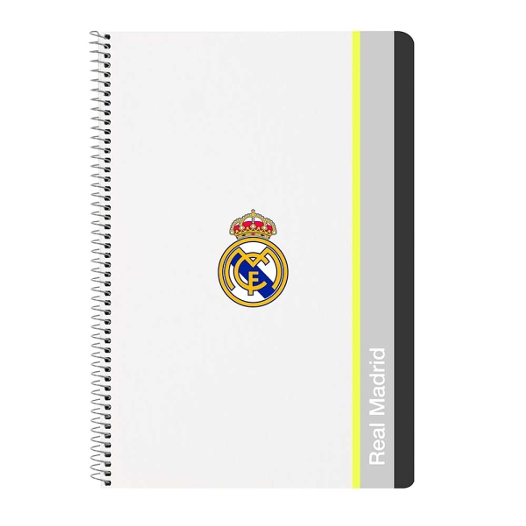 Safta Real Madrid Cuaderno Espiral - Tapas Duras - 80 Hojas A4 con Cuadriculada 4X4mm - Formato Folio - 21.5x31x1cm - Color Blanco y Negro 1