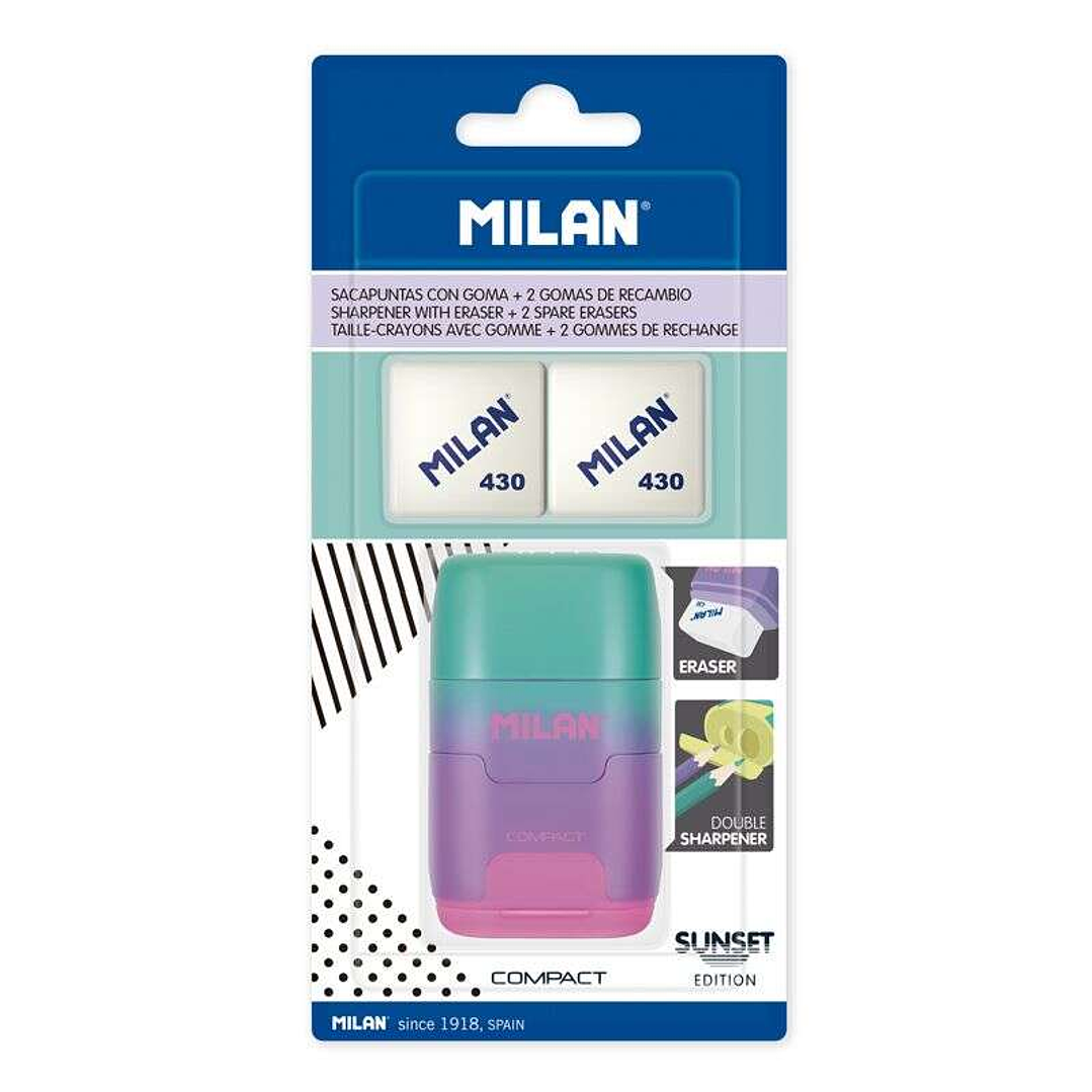 Milan Compact Sunset Afilaborra Compact con 2 Gomas de Borrar - Sacapuntas Doble - Cuchilla de Seguridad - Color Turquesa/Violeta/Rosa 1