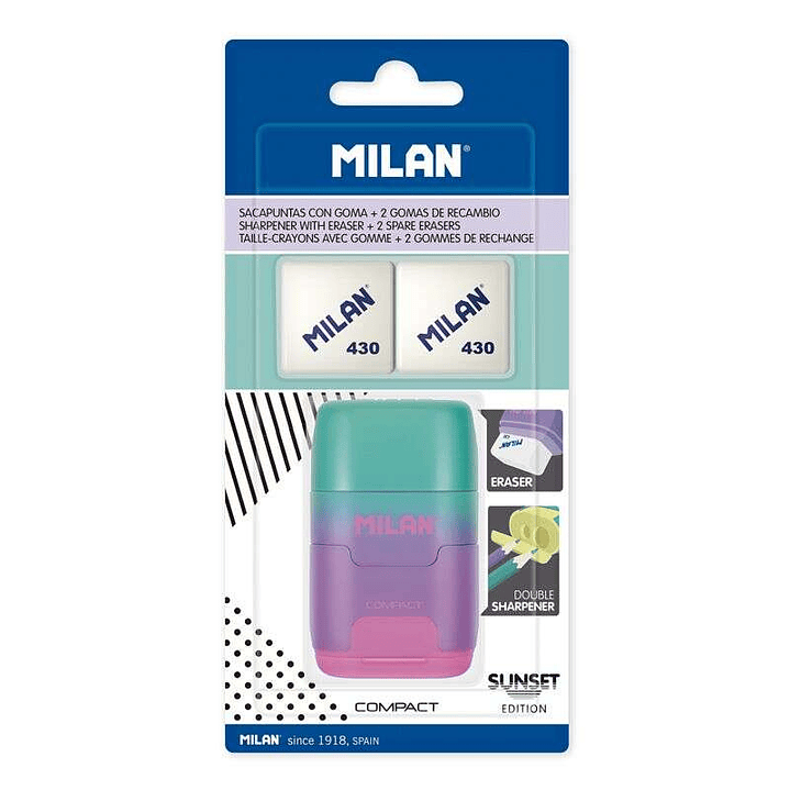 Milan Compact Sunset Afilaborra Compact con 2 Gomas de Borrar - Sacapuntas Doble - Cuchilla de Seguridad - Color Turquesa/Violeta/Rosa 1