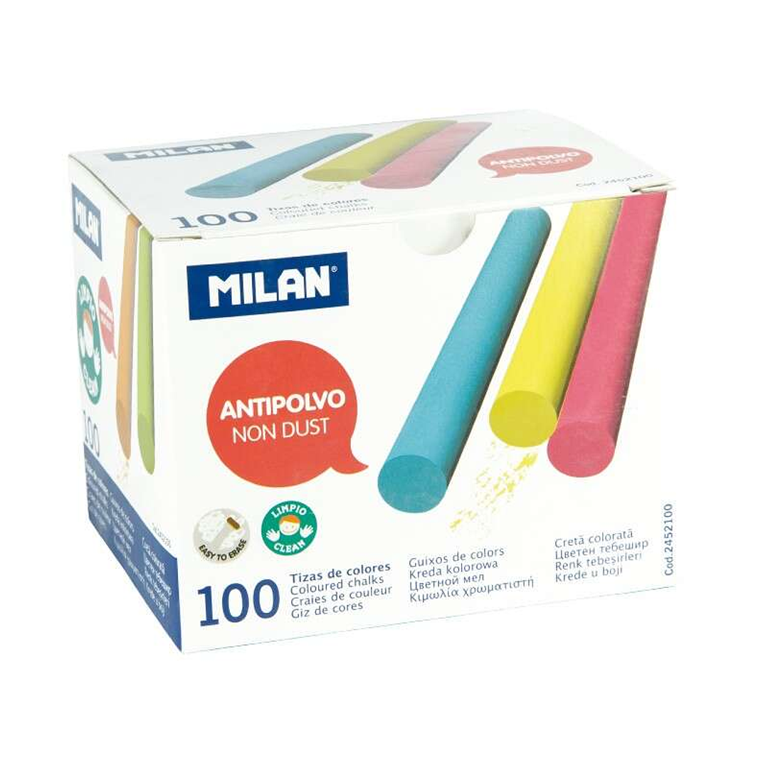 Milan Pack de 100 Tizas - Redondas - Antipolvo - No Contienen Caseina ni Yeso - Colores Surtidos 1