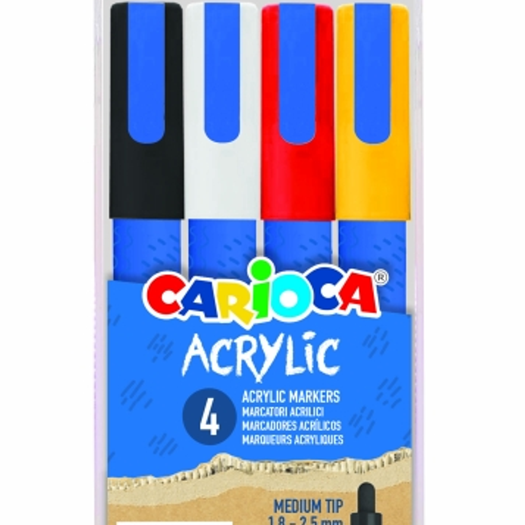 Carioca Acrylic Pack de 4 Marcadores de Pintura Acrilica - Punta Redonda Media 1.8-2.5mm - Tinta a Base de Agua - Alta Cobertura - Colores Surtidos 1