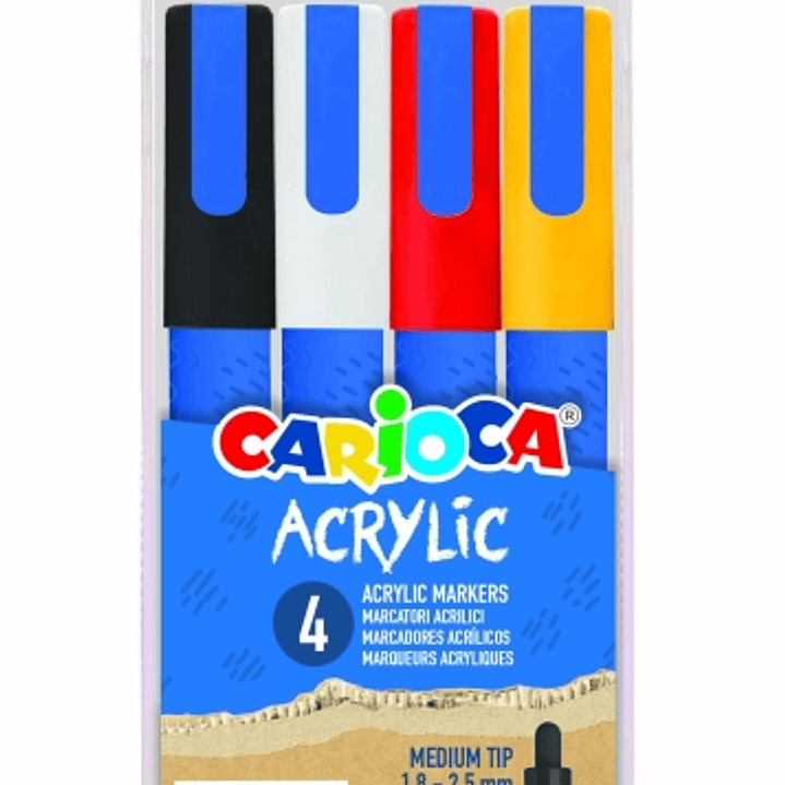 Carioca Acrylic Pack de 4 Marcadores de Pintura Acrilica - Punta Redonda Media 1.8-2.5mm - Tinta a Base de Agua - Alta Cobertura - Colores Surtidos 1