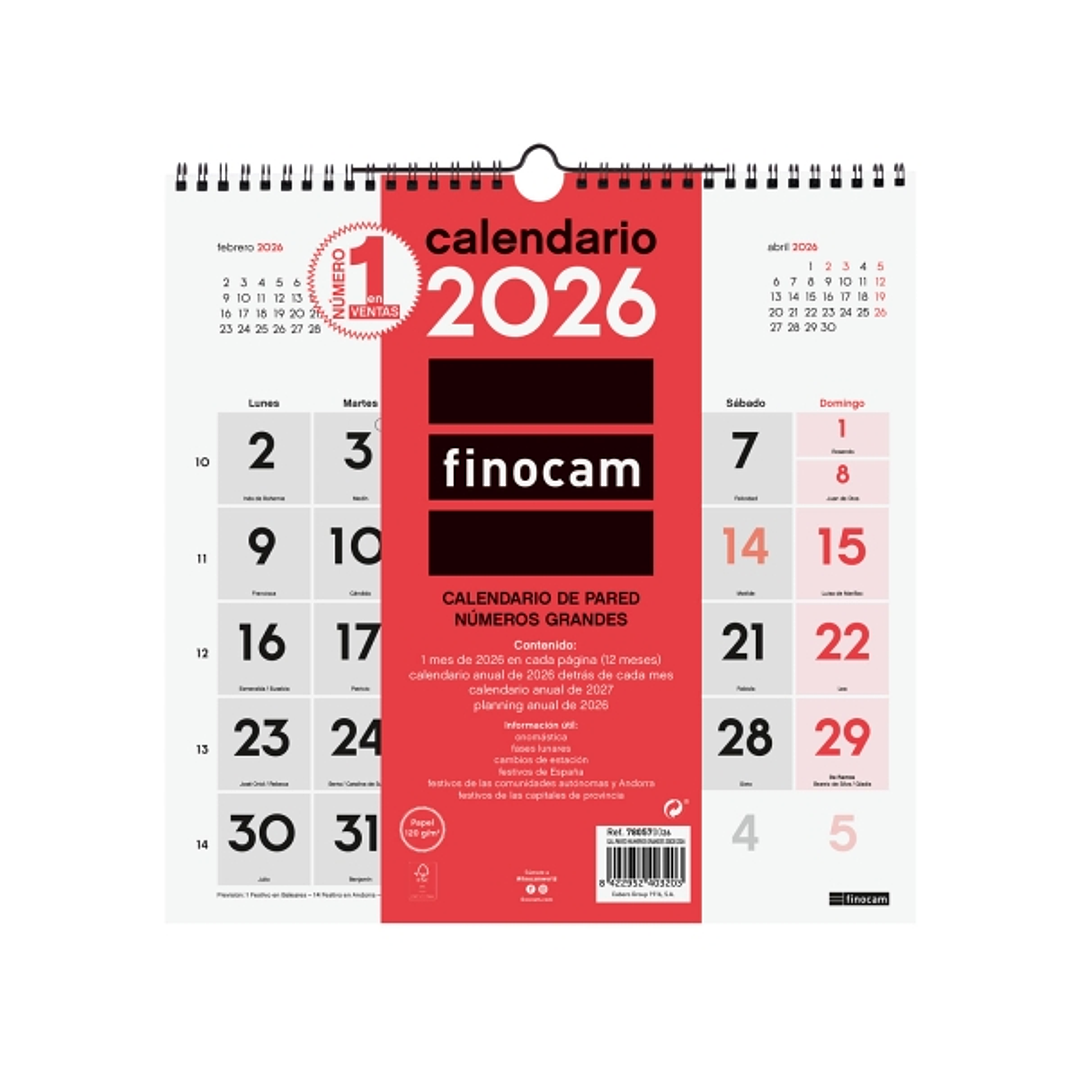 Finocam Calendario de Pared - Anual 2026 - 300x5x310mm - Numeros Grandes - Color Blanco y Rojo 1