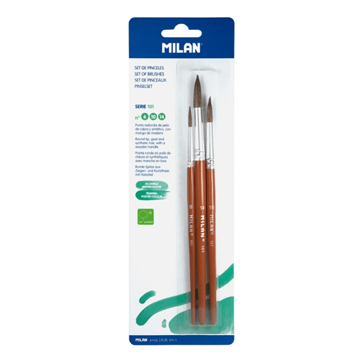 Milan 101 Pack de 3 Pinceles Redondos - Formatos Surtidos - Pelo de Cabra y Sintetico - Color Madera Oscuro 1