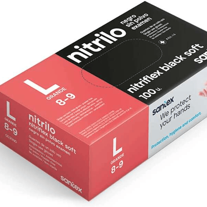 Santex Nitriflex Black Soft Pack de 100 Guantes de Nitrilo para Examen Talla L - 3.5 gramos - Sin Polvo - Libre de Latex - No Esteriles - Color Negro 1