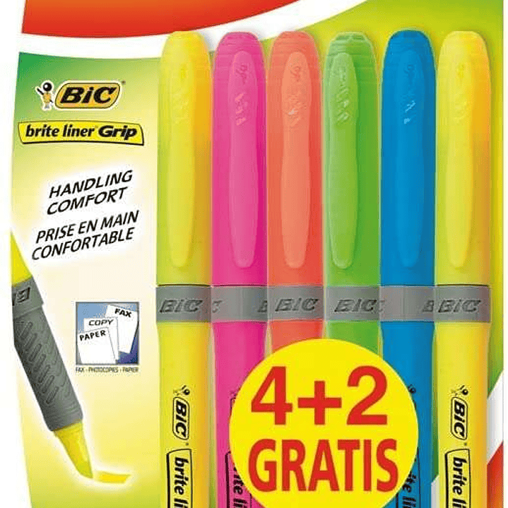 Bic Brit Liner Grip 4+2 Pack de 6 Marcadores Fluorescentes - Tinta con Base de Agua - Punta Biselada - Trazo entre 1.60 y 3.30mm - Colores Surtidos 1