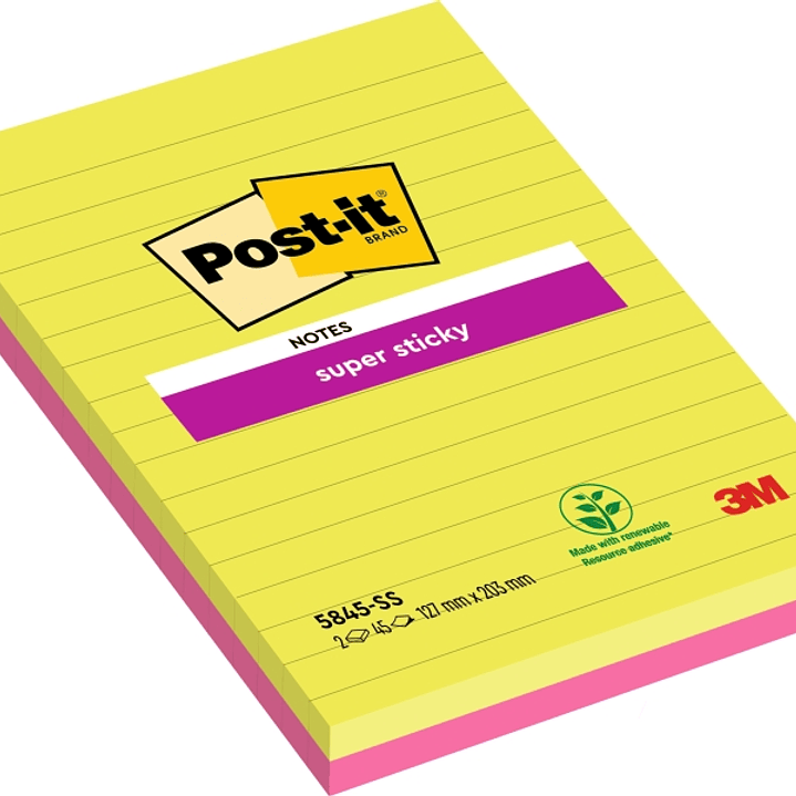 Post-It Super Sticky Pack de 2 Blocs de 45 Notas Adhesivas Reposicionables - Forma Rectangular - 203x127mm - Colores Surtidos 1