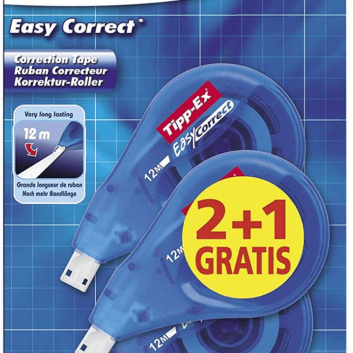 Tipp-Ex Easy Correct 2+1 Pack de 3 Cintas Correctoras 4.2mm x 12m - Resistente - Escritura Instantanea (Blister) 1