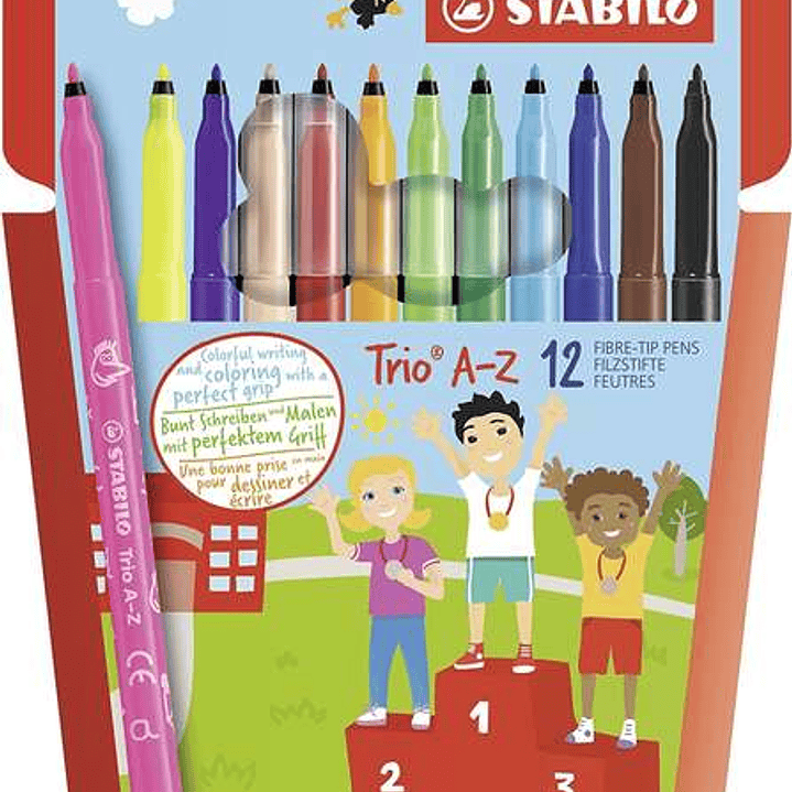 Stabilo Trio A-Z Pack con 12 Rotuladores de Punta Fina de Fibra - Trazo 0.7mm - Tinta Super Lavable - Forma Triangular - Colores Surtidos 1