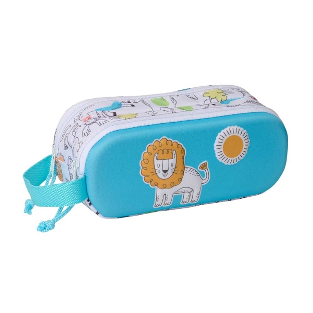 Safta Lion Estuche Portatodo 3D - 2 Compartimentos - Cierre de Cremallera - Asa de Mano - 21x8x6cm - Color Blanco y Azul 1