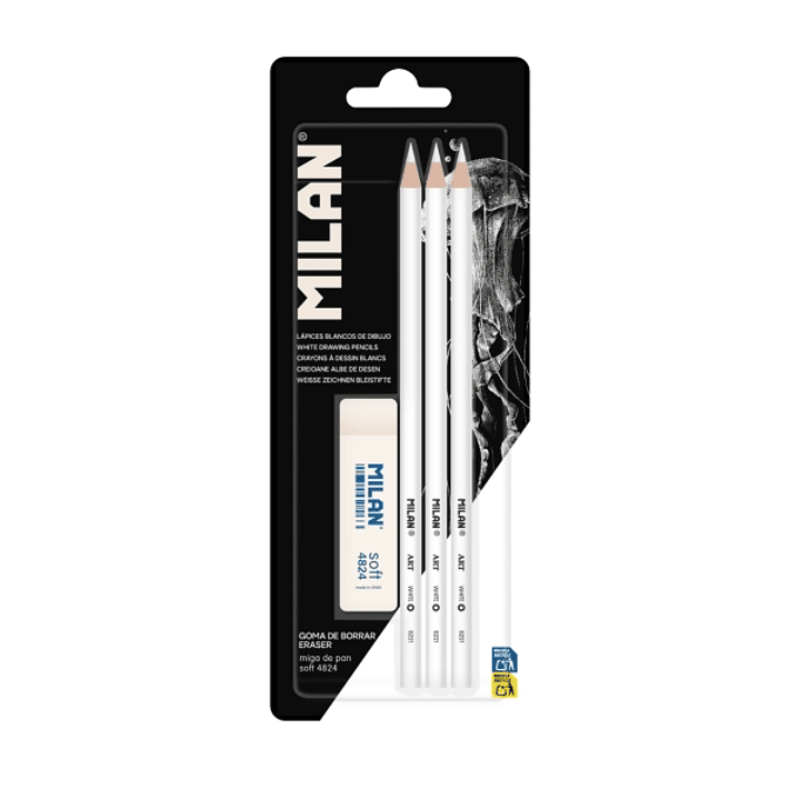 Milan Pack de 3 Lapices + 1 Goma para Dibujo - Mina Blanca para Papel Oscuro - Miga de Pan Flexible - Color Blanco 1