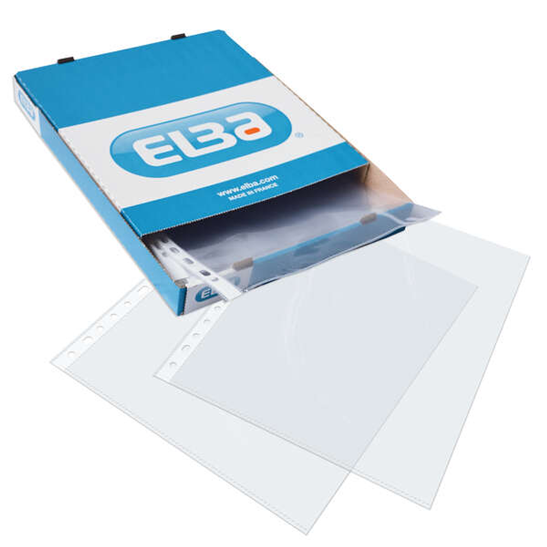 Elba Pack de 100 Fundas Multitaladro PP 70 Micras - Tamaño Folio - Acabado Cristal - Transparente 1