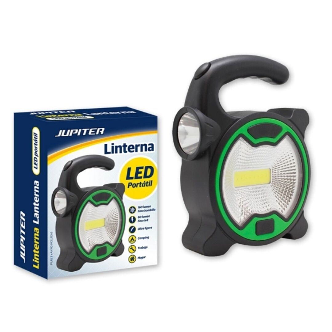 Jupiter Linterna COB+1 LED - Foco Bombilla 160lm, Foco LED 60lm - Funciona con 3 Pilas AA (No Incluidas) - Color Negro/Verde 1