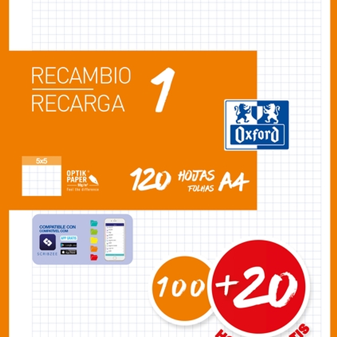 Oxford School Recambio A4 120 Hojas Cuadricula 5x5mm - 4 Taladros - Banda de Color Naranja 1