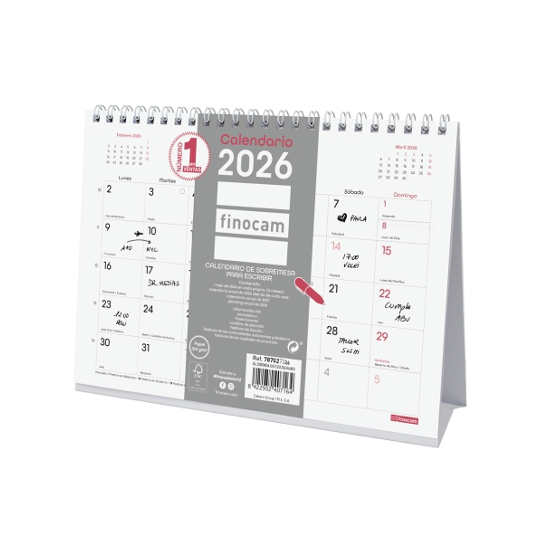 Finocam Chic Calendario de Sobremesa - Anual 2026 - 210x70x155mm - Espacio para Escribir - Color Blanco 1