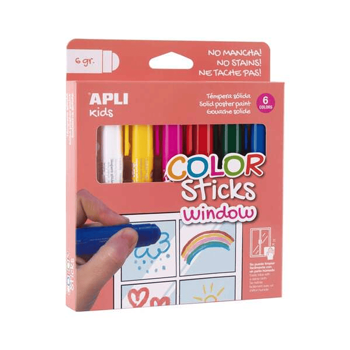 Apli Kids Color Sticks Window Pack 6 Temperas Solidas 6gr - Especiales para Dibujar y Pintar sobre Cristales - Facil Limpieza - Colores Surtidos 1