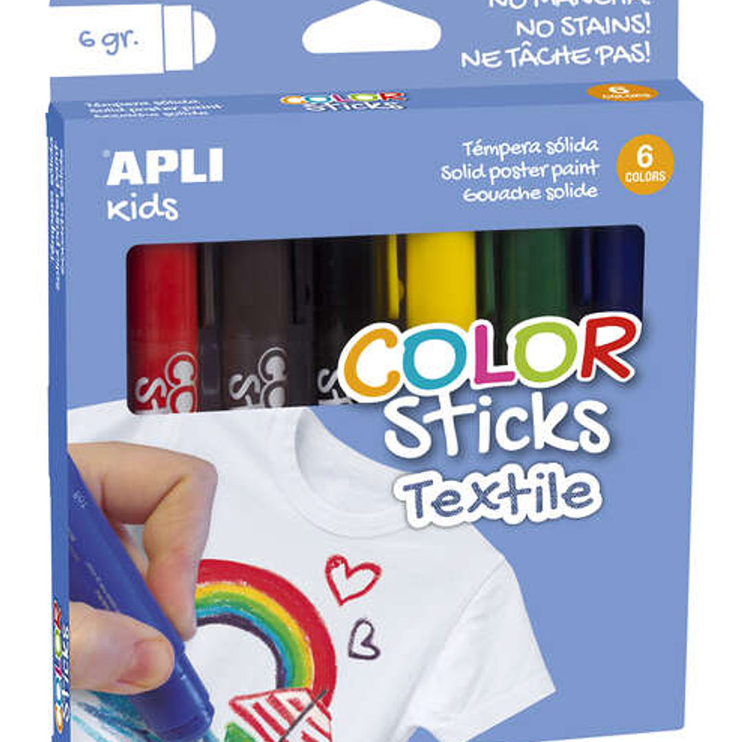 Apli Color Sticks Textil Pack de 6 Temperas Solidas 6gr para Uso en Textil - Secado al Aire en 12 Horas - Sin Disolventes - Para Niños a partir de 3 a 1