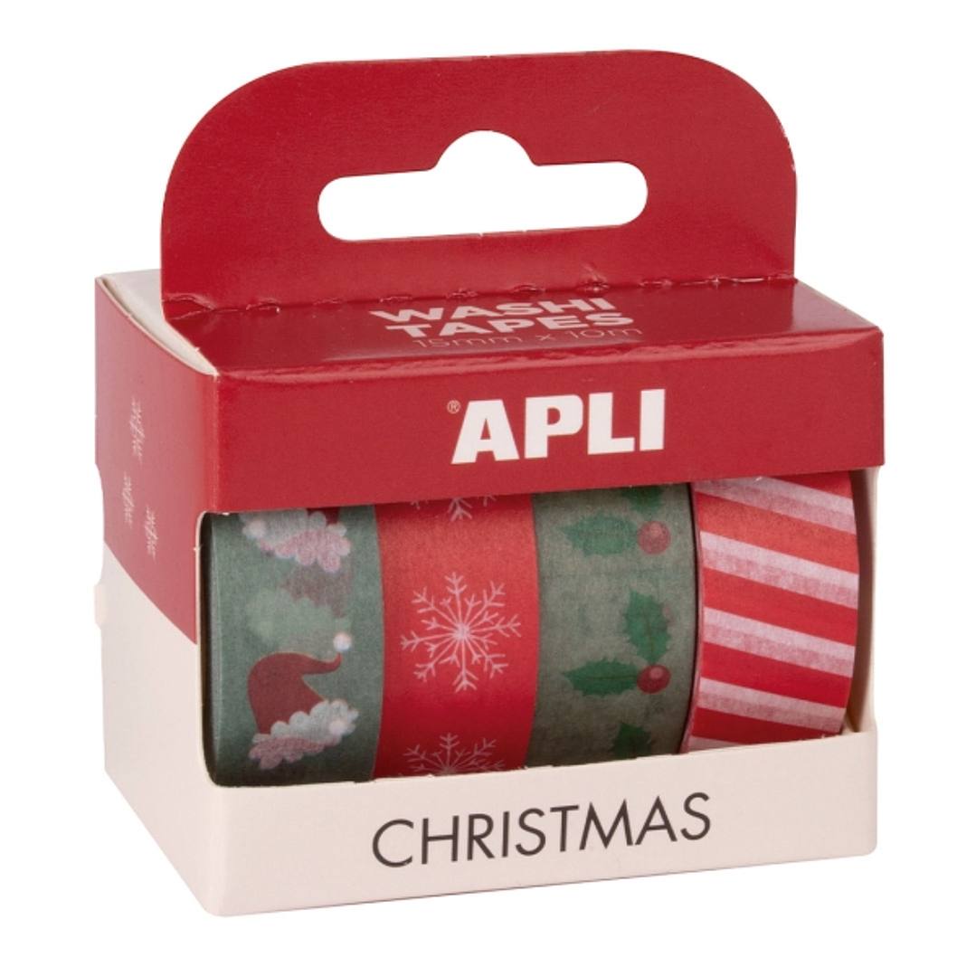 Apli Christmas Pack con 4 Cintas Adhesivas de Papel Washi 15mmx10m - Tematica Navideña - 4 Diseños Diferentes - Decoracion y Manualidades 1