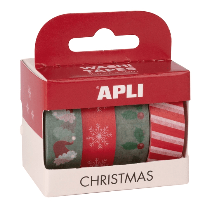 Apli Christmas Pack con 4 Cintas Adhesivas de Papel Washi 15mmx10m - Tematica Navideña - 4 Diseños Diferentes - Decoracion y Manualidades 1
