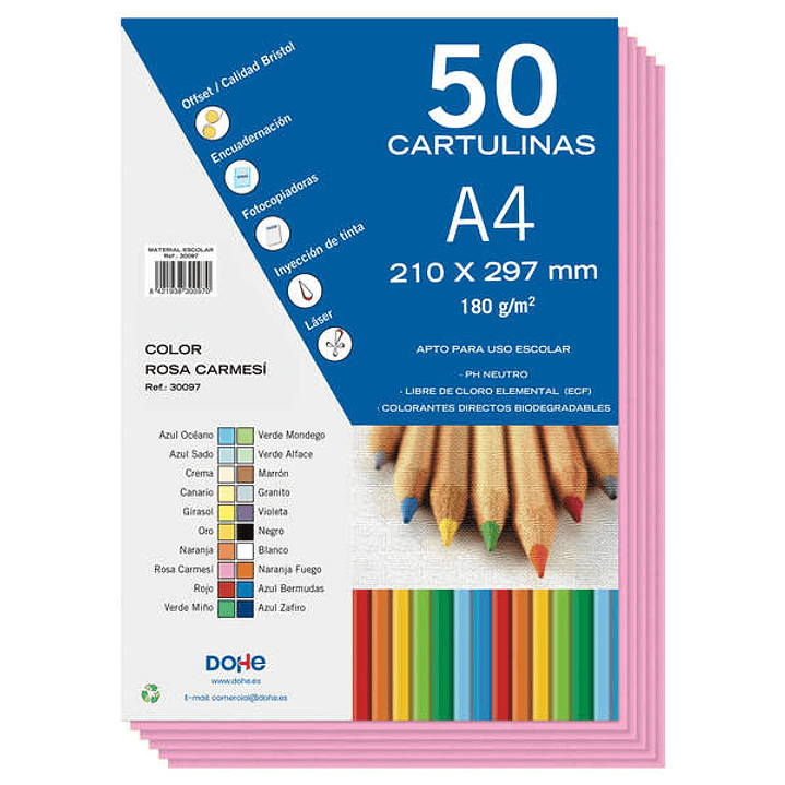 Dohe Pack de 50 Cartulinas A4 de 180gr - Con PH Neutro - Libres de Cloro Elemental - Color Rosa 1
