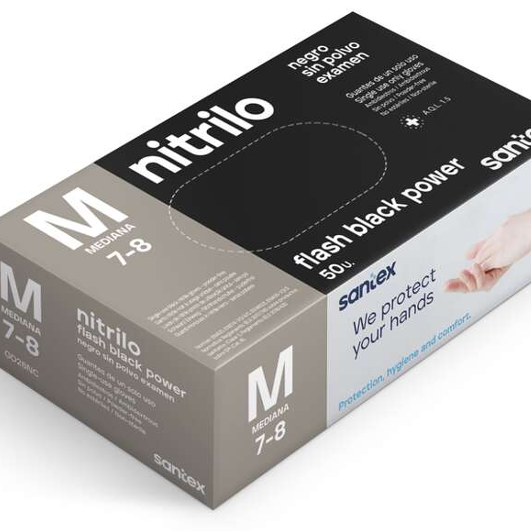 Santex Flash Black Power Pack de 50 Guantes de Nitrilo Talla M - Dibujo Diamante Texturizado - Sin Polvo - Libre de Latex - No Esteriles - Color Negro 1