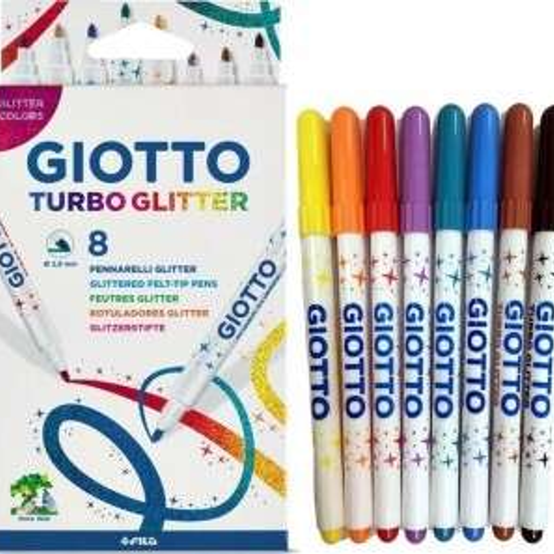 Giotto Turbo Glitter Pack de 8 Rotuladores - Punta Fina 2.8mm - Tinta al Agua - Lavable - Colores Surtidos 1