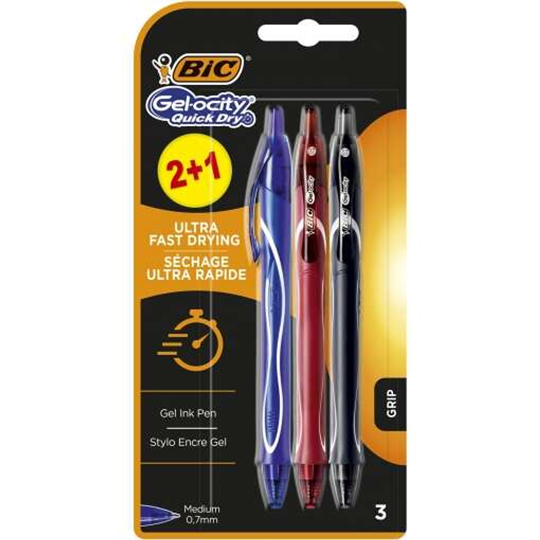 Bic Gel-Ocity Quick Dry 2+1 Pack de 3 Boligrafos Retractiles - Grip de Goma - Punta Media de 0.7mm - Secado Ultra Rapido - No Mancha el Papel - Colore 1