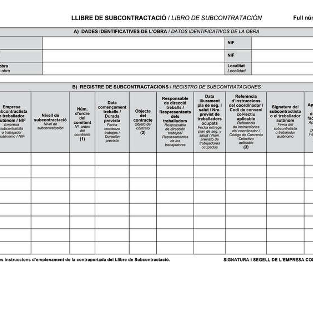Dohe Libros de Subcontratacion Din A4 Apaisado Catalan/Castellano - 10 Hojas Numeradas - Hojas Autocopiativas 1