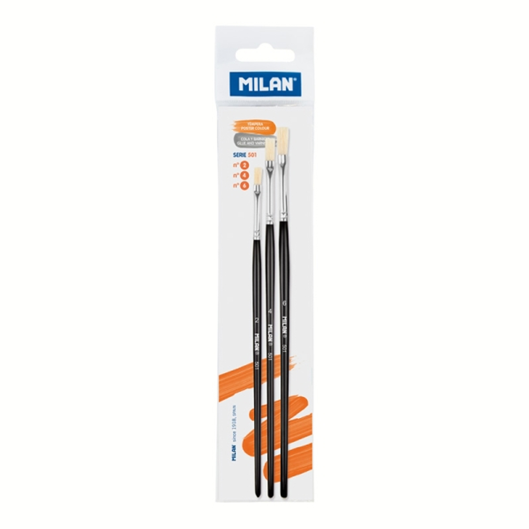Milan 501 Pack de 3 Pinceles Planos - Cerda Natural - Formatos Surtidos - Color Negro 1