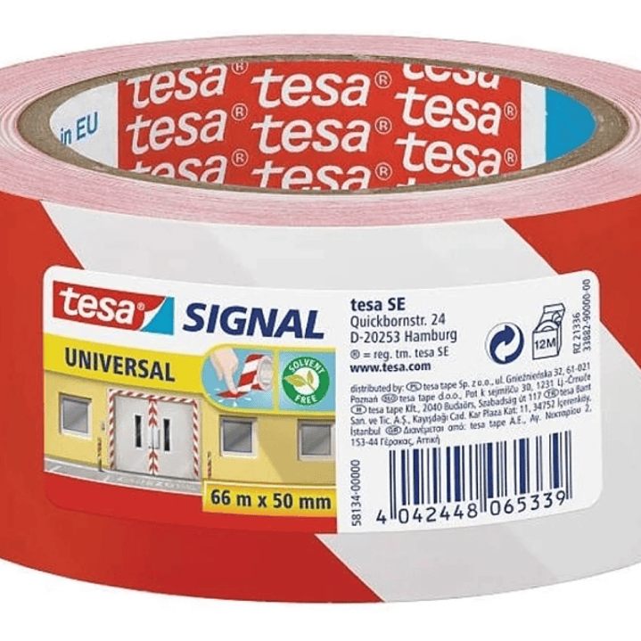Tesa Cinta Adhesiva de Señalizacion 50mm x 66m - Ideal para Señalizar Obstaculos Permanentes - Adhesivo sin disolventes - Color Rojo/Blanco 1