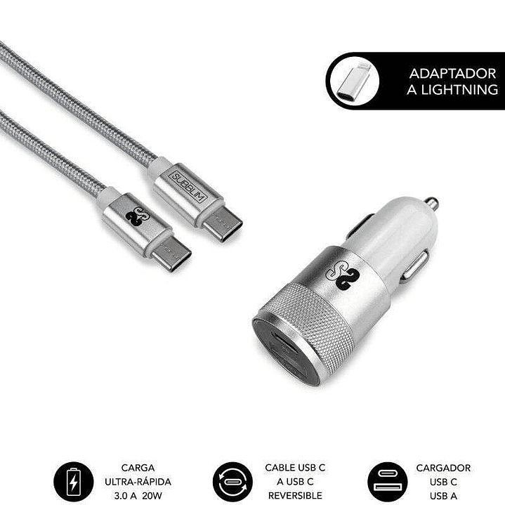 Subblim Cargador Coche Dual PD20W+QC3.0+C to C/Lightning cable - 20W - Carga rápida simultánea - Cable USB C reversible - Color Plata 1