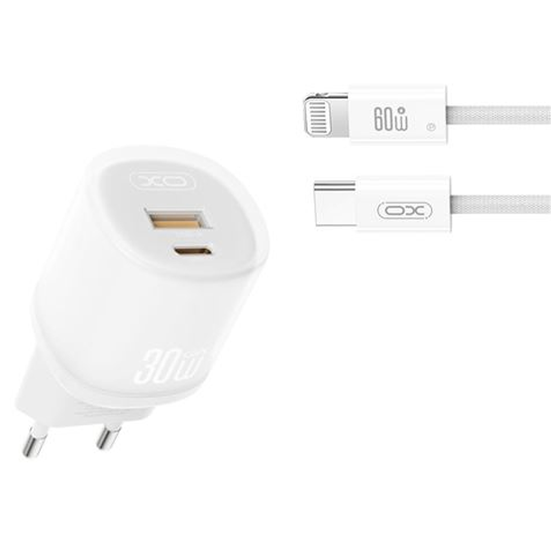 XO L151 Cargador de Corriente 30W - USB-A y USB-C - GaN - Incluye Cable USB-C a Lightning - Color Blanco 1