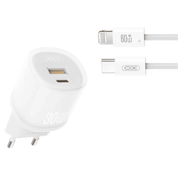 XO L151 Cargador de Corriente 30W - USB-A y USB-C - GaN - Incluye Cable USB-C a Lightning - Color Blanco 1