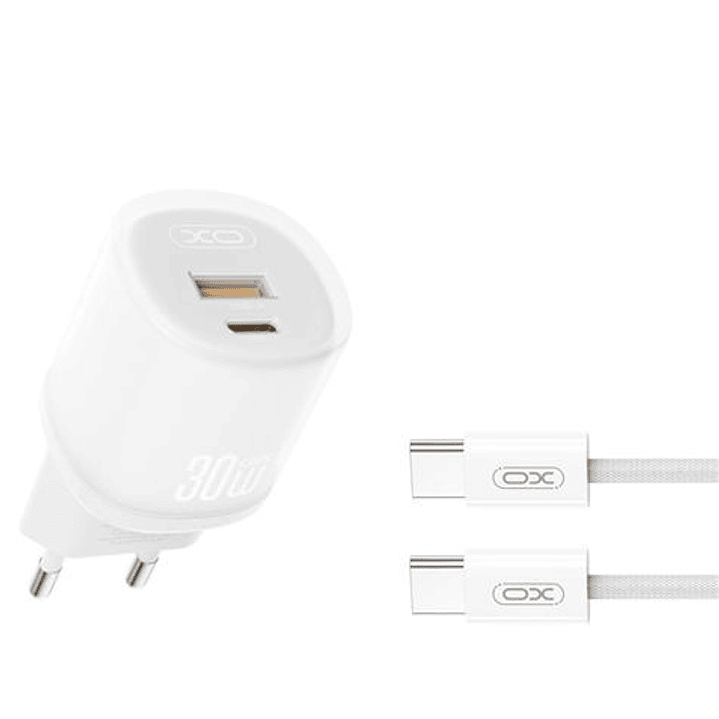 XO L151 Cargador de Corriente 30W - USB-A y USB-C - GaN - Incluye Cable USB-C - Color Blanco 1