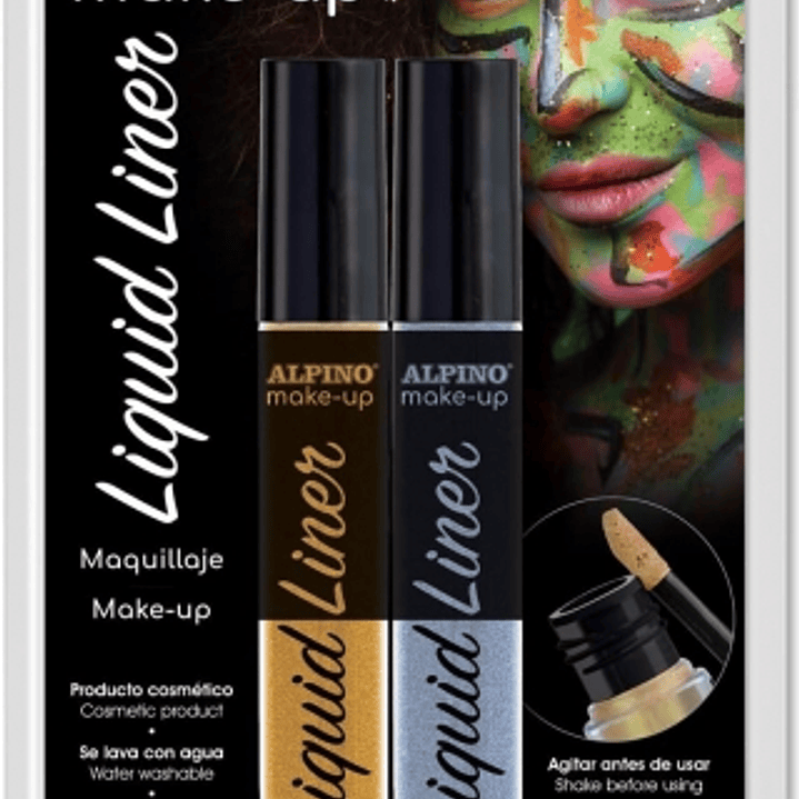 Alpino Make-up Liquid Liner Pack con 2 Botes de Maquillaje Liquido con Aplicador - Se Lava con Agua - Testado Dermatologicamente - Colores Oro y Plata 1
