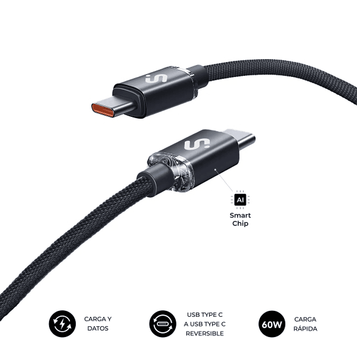 Subblim Cable Optimus USB-C - 60W - Nylon Trenzado - 480Mbps - 2 Metros - Color Negro 1