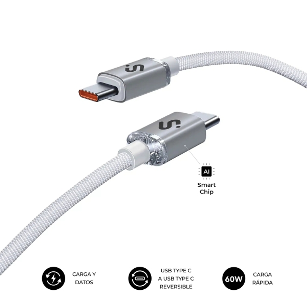 Subblim Cable Optimus USB-C - 60W - Nylon Trenzado - 480Mbps - 2 Metros - Color Blanco 1