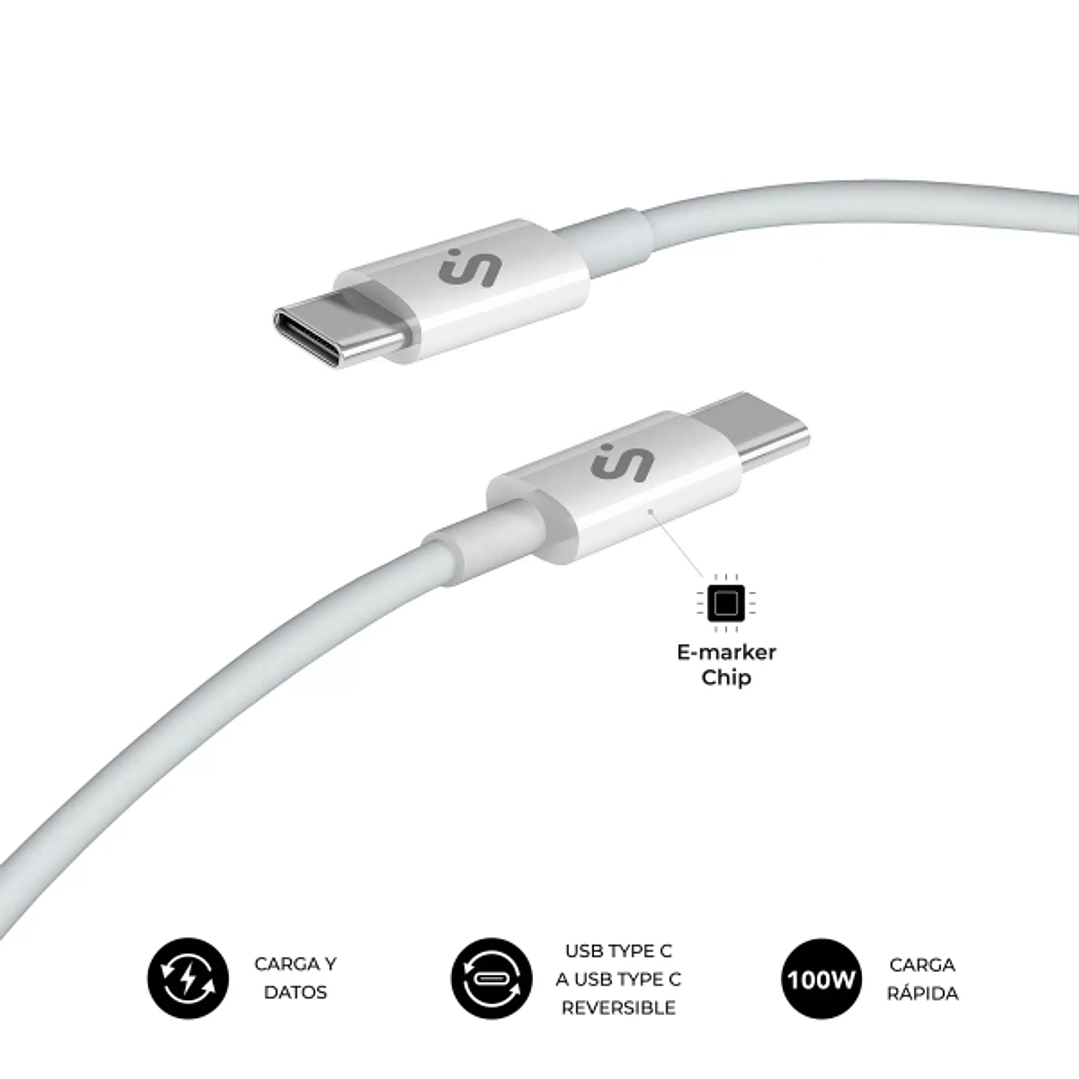 Subblim Cable Plus USB-C - 100W - Nylon Trenzado - 480Mbps - Chip E-Marker - 1 Metro - Color Blanco 1